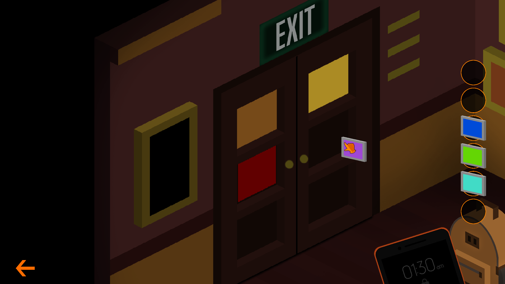 A door with some coloured panels attached to it. The player is dragging a purple panel from the backpack inventory on to the door.