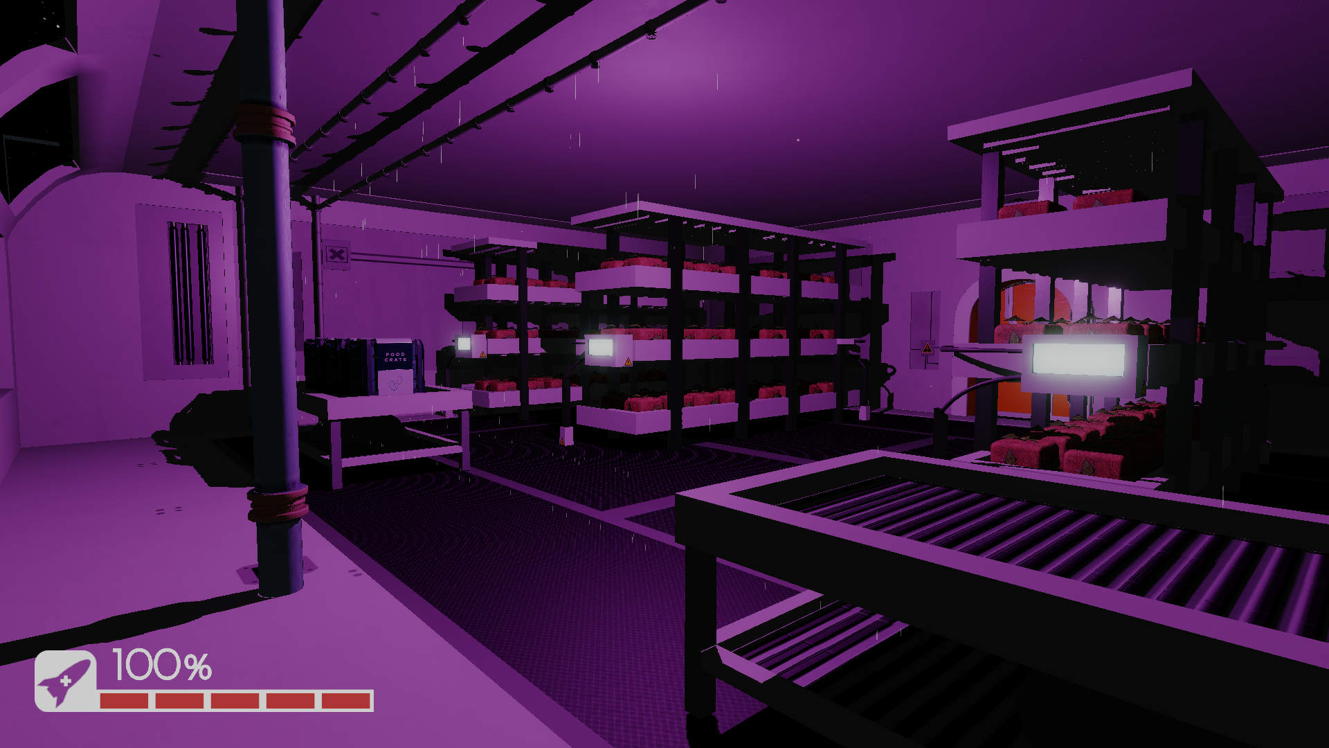 A farm, bathed in purple light, with shelves of plants growing and tables with water spraying from pipes above.
