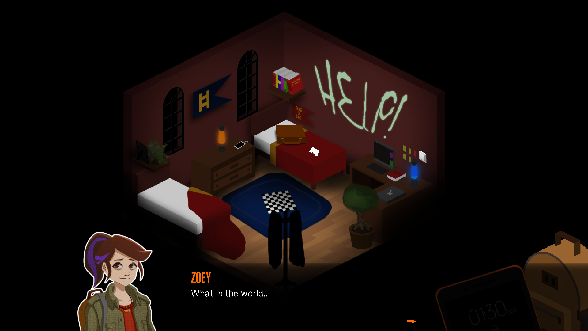 A college dorm room, set in an isometric view. At the bottom, a dialogue is visible. Zoey says: "What in the world..."