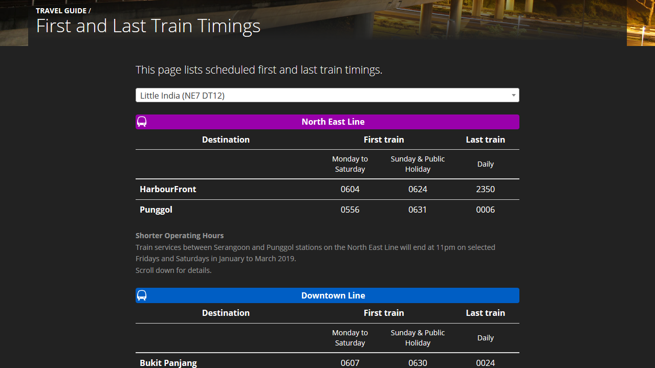 Screenshot of the last train page