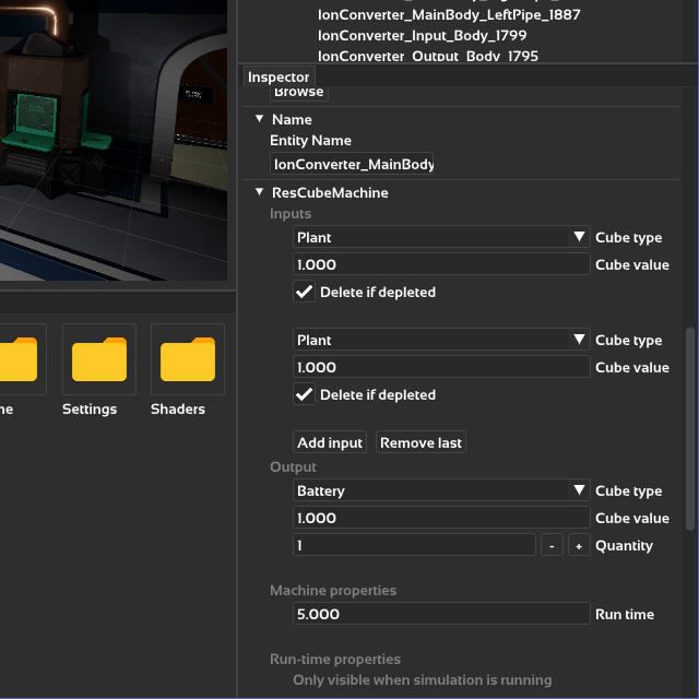 Close-up of a gameplay component, showing a ResCubeMachine, with options for input cubes, output cubes and machine run time.