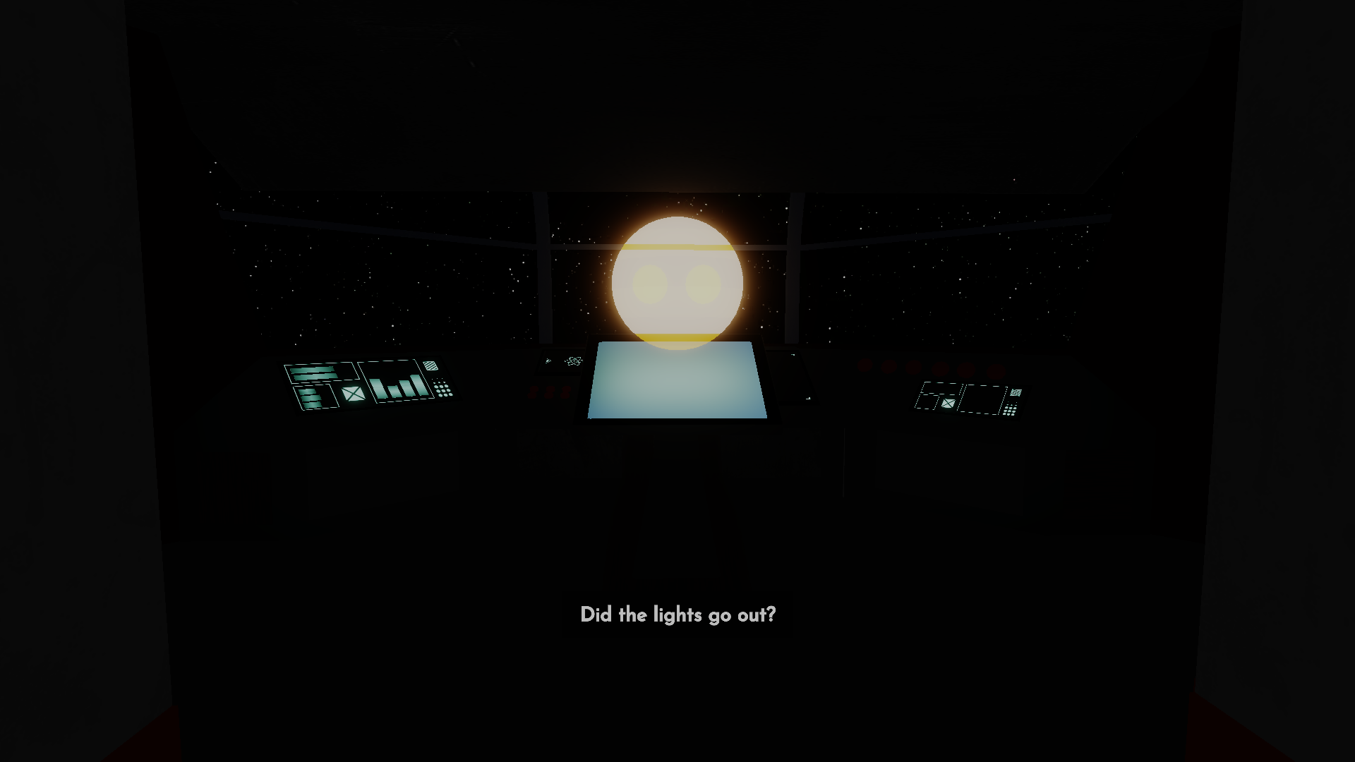 A completely dark cockpit with only the screens and a floating circular avatar lit, and captions reading "Did the lights go out?"